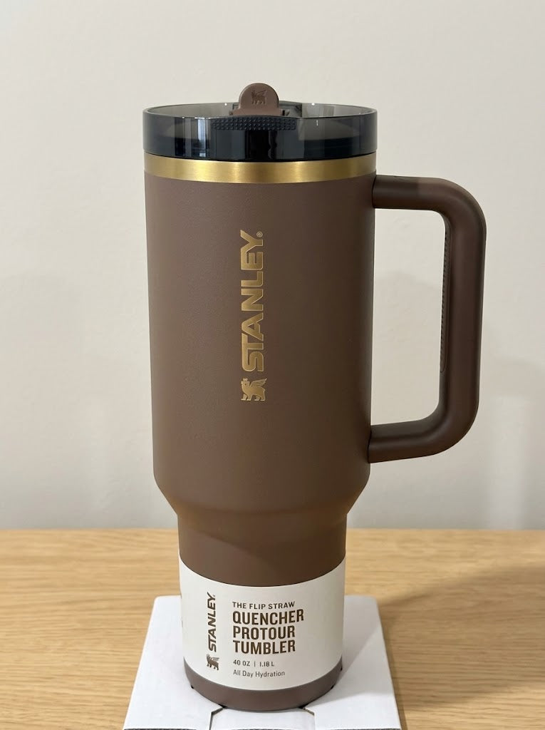 Stanley Quencher ProTour Flip Straw Tumbler 40 OZ in Espresso Gold with handle
